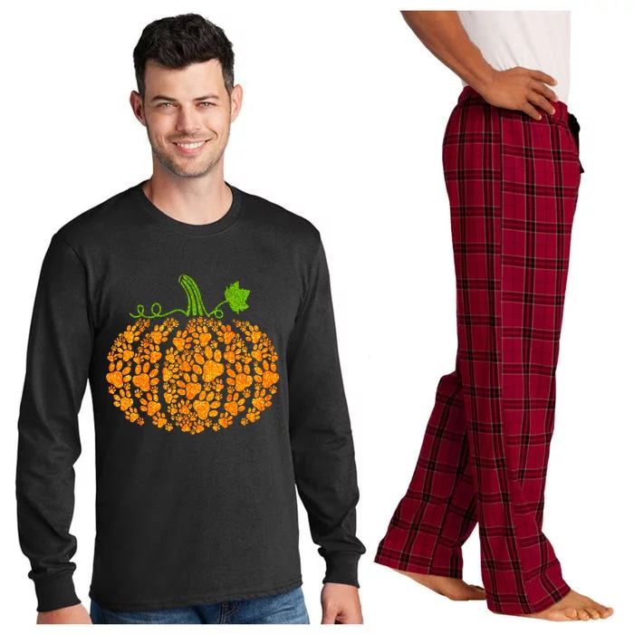 Cute Autumn Fall Pumpkin Dog Cat Paw Print Halloween Gift Long Sleeve Pajama Set