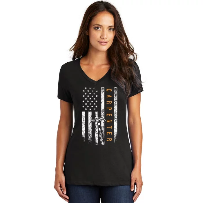 Carpenter American Flag Design Woodworking Carpentry Women's V-Neck T-Shirt