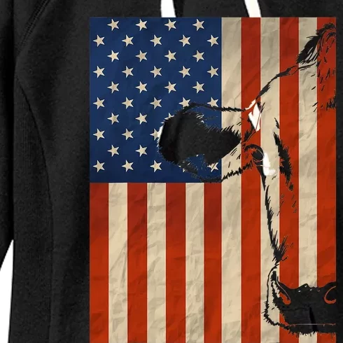 Cow American Flag Cattle Animal Lover Patriotic Women's Fleece Hoodie