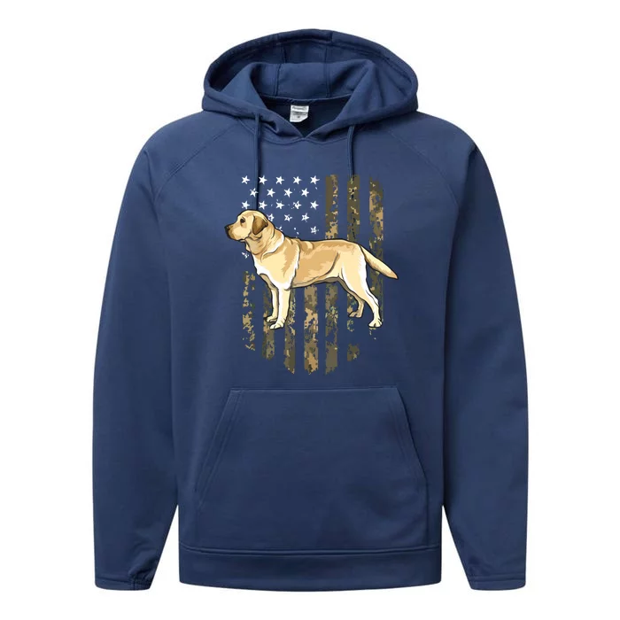 Camo American Flag Yellow Labrador Retriever 4th Of July USA Performance Fleece Hoodie