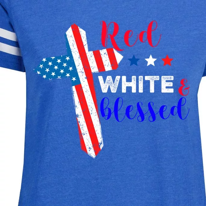 Cross American Flag Red White Blessed Believer God Usa Meaningful Gift Enza Ladies Jersey Football T-Shirt