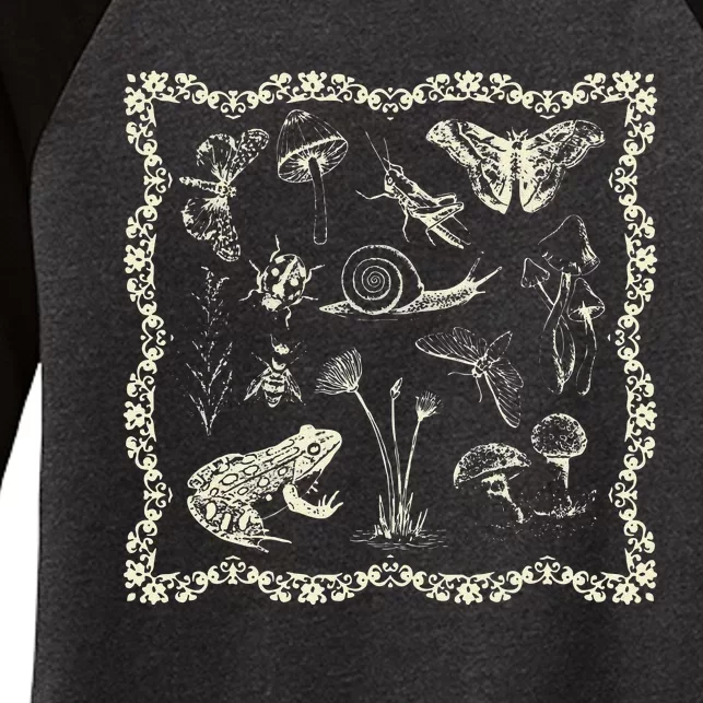 Cottagecore Aesthetic Frog and Mushroom Goblincore Women's Tri-Blend 3/4-Sleeve Raglan Shirt