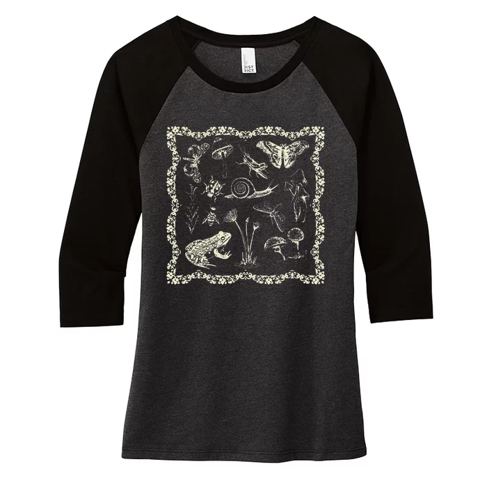 Cottagecore Aesthetic Frog and Mushroom Goblincore Women's Tri-Blend 3/4-Sleeve Raglan Shirt