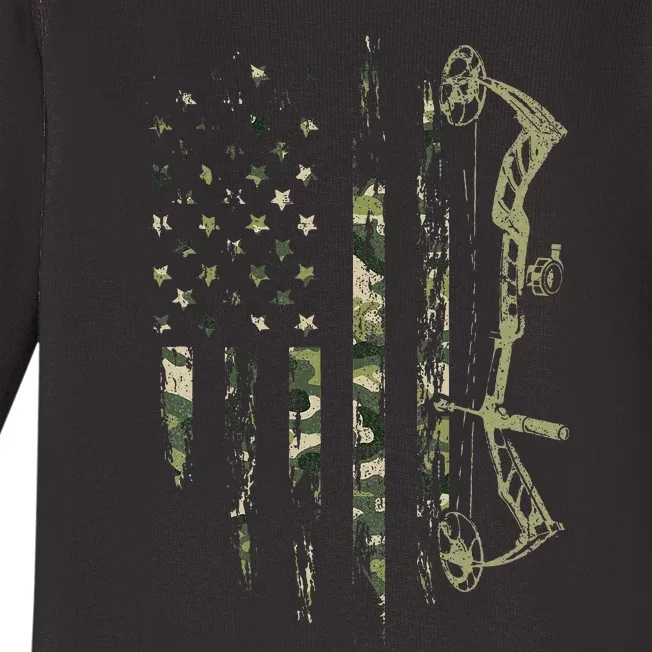 Camo American Flag Bowhunting Bow Archery Deer Hunting Gift Baby Long Sleeve Bodysuit