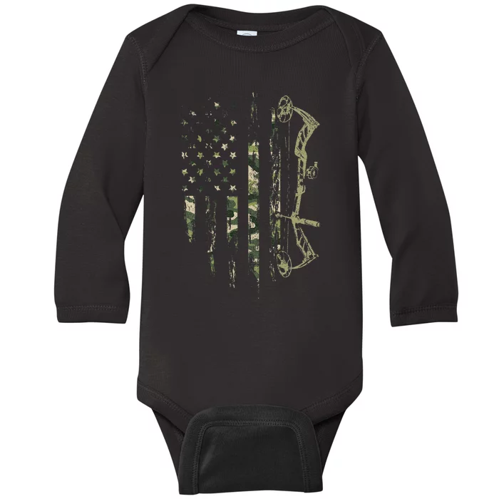 Camo American Flag Bowhunting Bow Archery Deer Hunting Gift Baby Long Sleeve Bodysuit