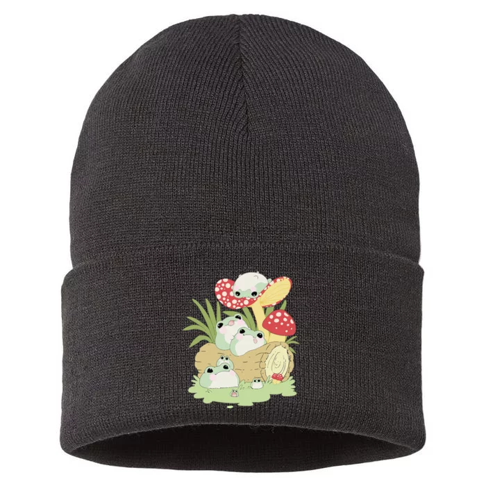 Cottagecore Aesthetic Frog Lying on Mushroom Sustainable Knit Beanie