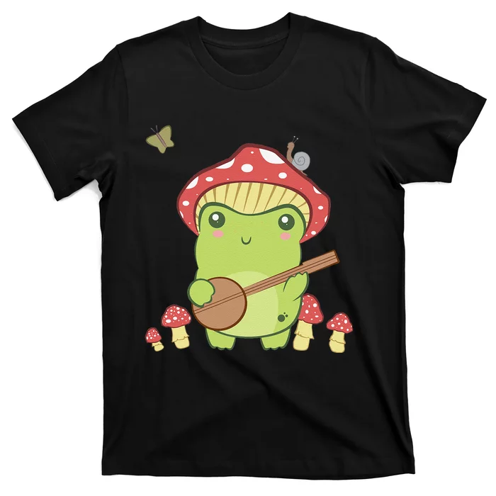 Cottagecore Aesthetic Frog Playing Banjo On Mushroom Cute T-Shirt