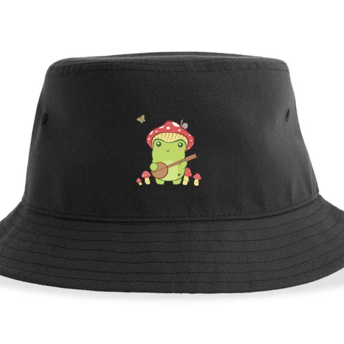 Cottagecore Aesthetic Frog Playing Banjo On Mushroom Cute Sustainable Bucket Hat