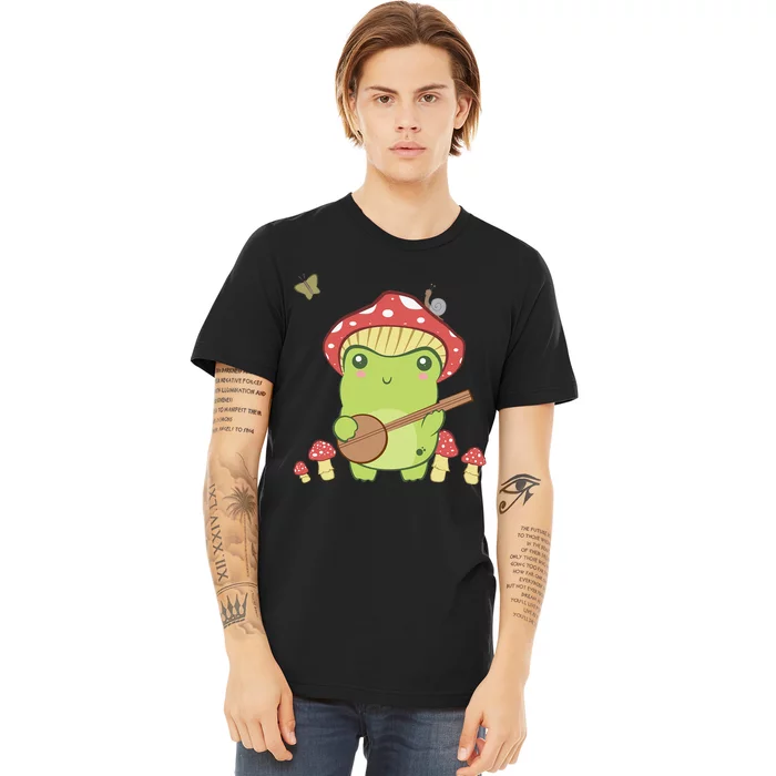 Cottagecore Aesthetic Frog Playing Banjo On Mushroom Cute Premium T-Shirt