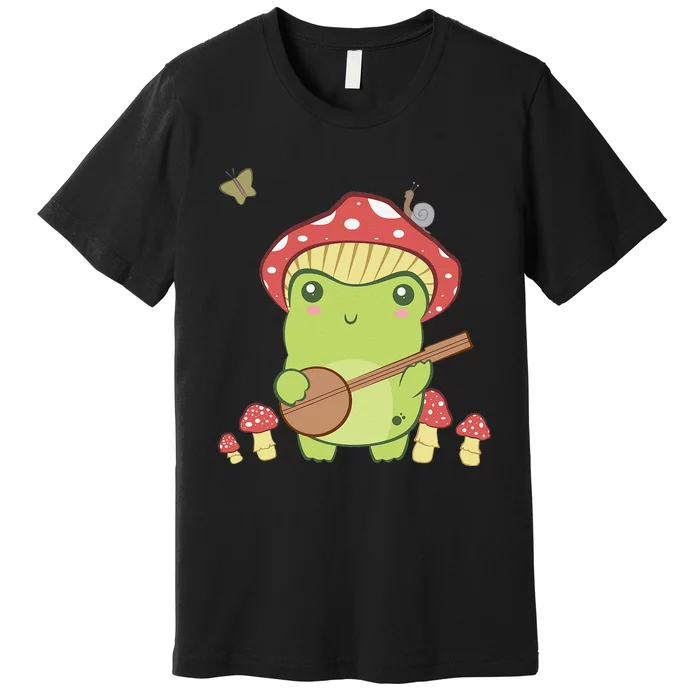 Cottagecore Aesthetic Frog Playing Banjo On Mushroom Cute Premium T-Shirt