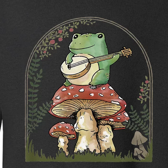 Cottagecore Aesthetic Frog Playing Banjo on Mushroom Cute Toddler Sweatshirt