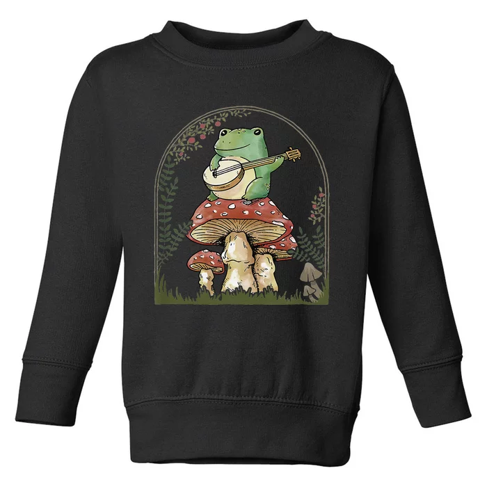 Cottagecore Aesthetic Frog Playing Banjo on Mushroom Cute Toddler Sweatshirt