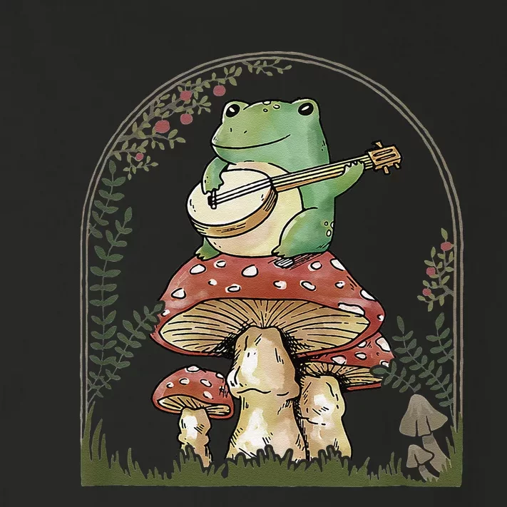 Cottagecore Aesthetic Frog Playing Banjo on Mushroom Cute Toddler Long Sleeve Shirt