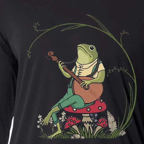 Cottagecore Aesthetic Frog Mushroom Playing Banjo Guitar Cooling Performance Long Sleeve Crew