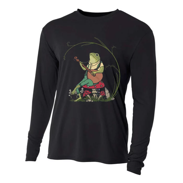 Cottagecore Aesthetic Frog Mushroom Playing Banjo Guitar Cooling Performance Long Sleeve Crew