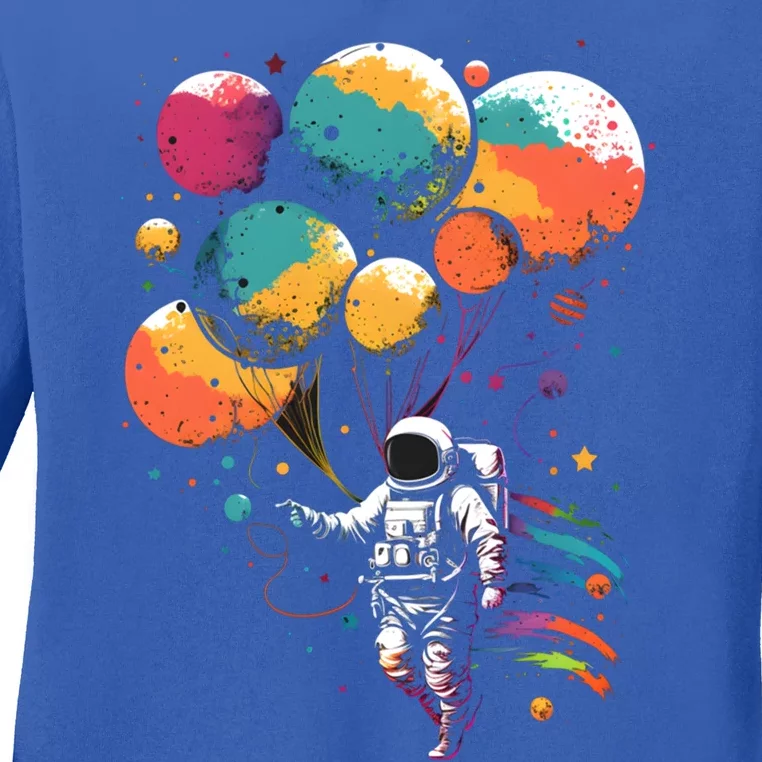 Cool Astronaut Flying With Balloon Planets Space Planets Gift Ladies Long Sleeve Shirt