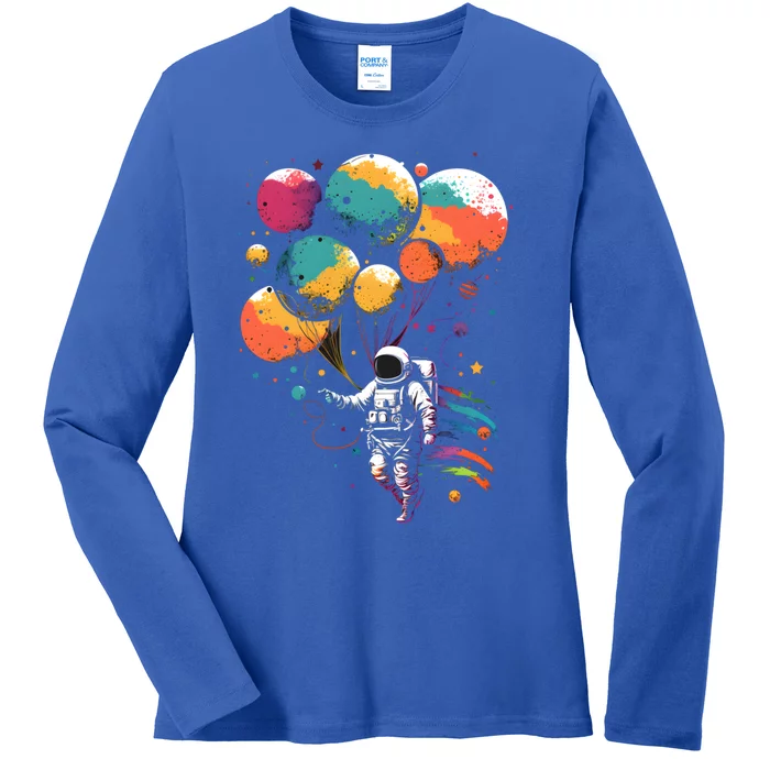 Cool Astronaut Flying With Balloon Planets Space Planets Gift Ladies Long Sleeve Shirt