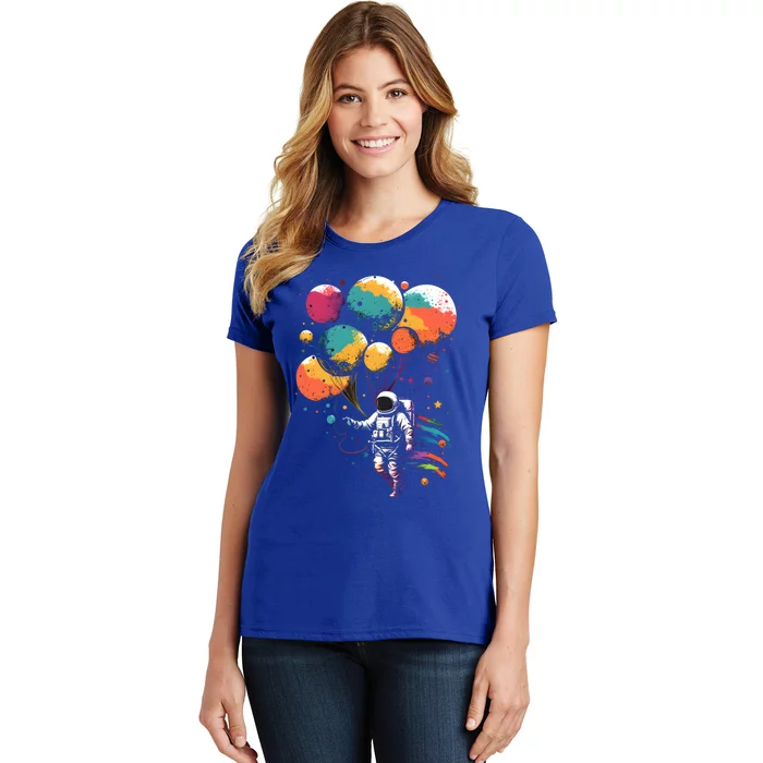 Cool Astronaut Flying With Balloon Planets Space Planets Gift Women's T-Shirt