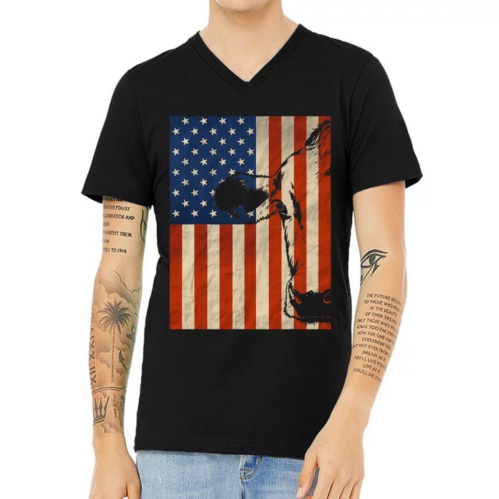 Cow American Flag Cattle Animal Lover Patriotic Gift V-Neck T-Shirt