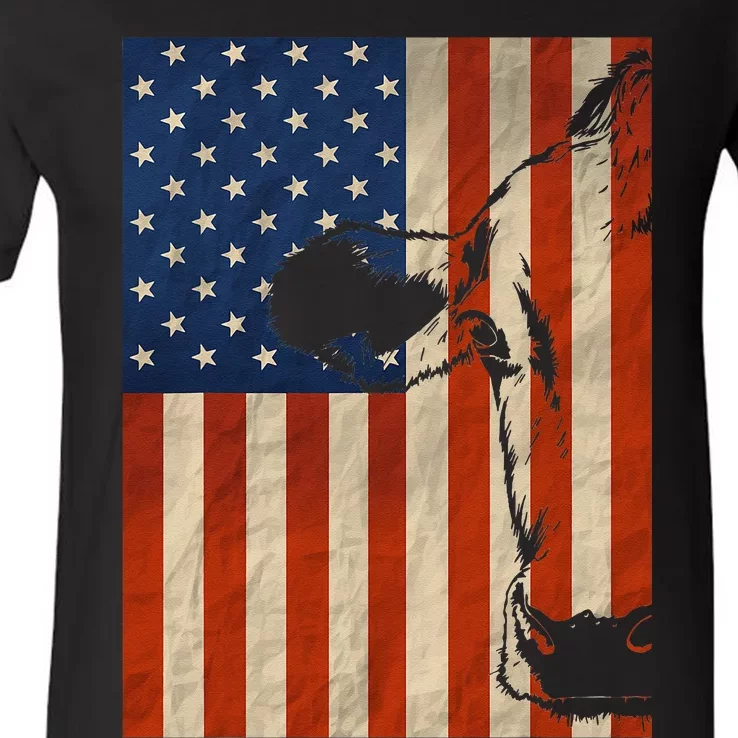 Cow American Flag Cattle Animal Lover Patriotic Gift V-Neck T-Shirt