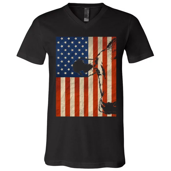 Cow American Flag Cattle Animal Lover Patriotic Gift V-Neck T-Shirt