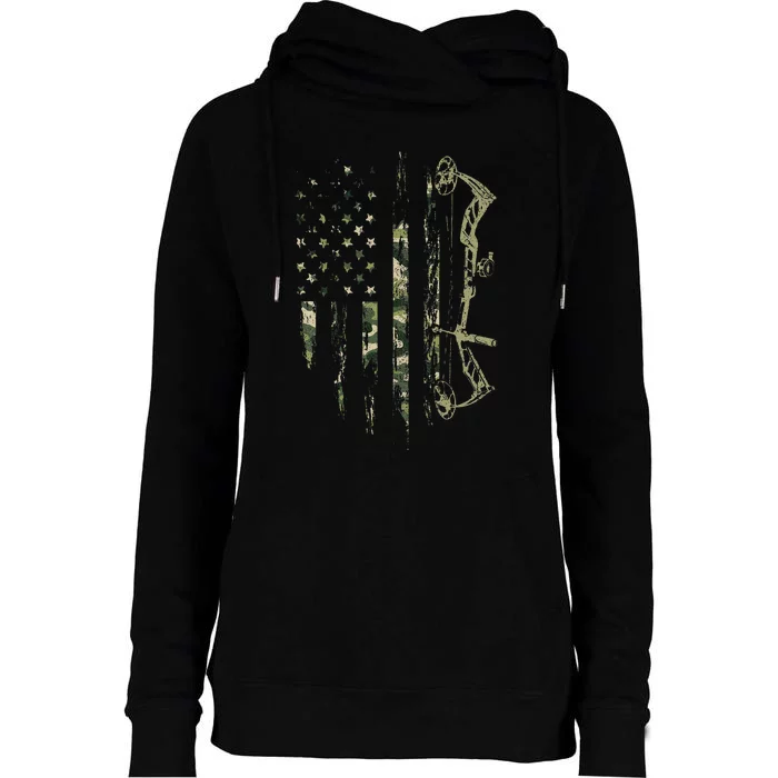 Camo American Flag Bowhunting Bow Archery Deer Hunting Gift Womens Funnel Neck Pullover Hood