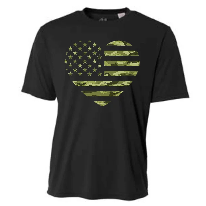 Camo American Flag Heart Camouflage Green Military Cooling Performance Crew T-Shirt