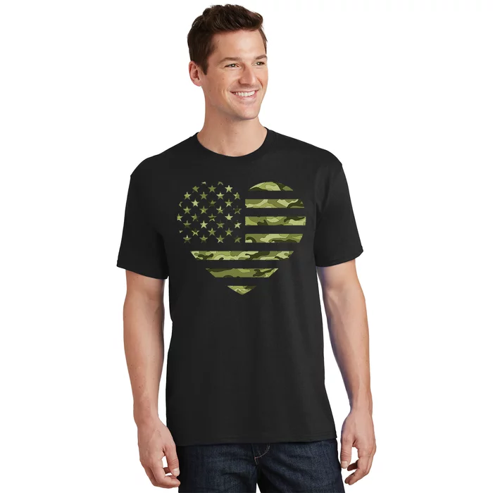 Camo American Flag Heart Camouflage Green Military T-Shirt