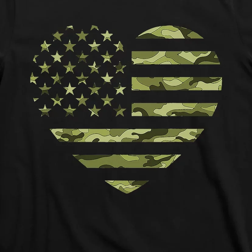 Camo American Flag Heart Camouflage Green Military T-Shirt