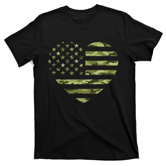 Camo American Flag Heart Camouflage Green Military T-Shirt