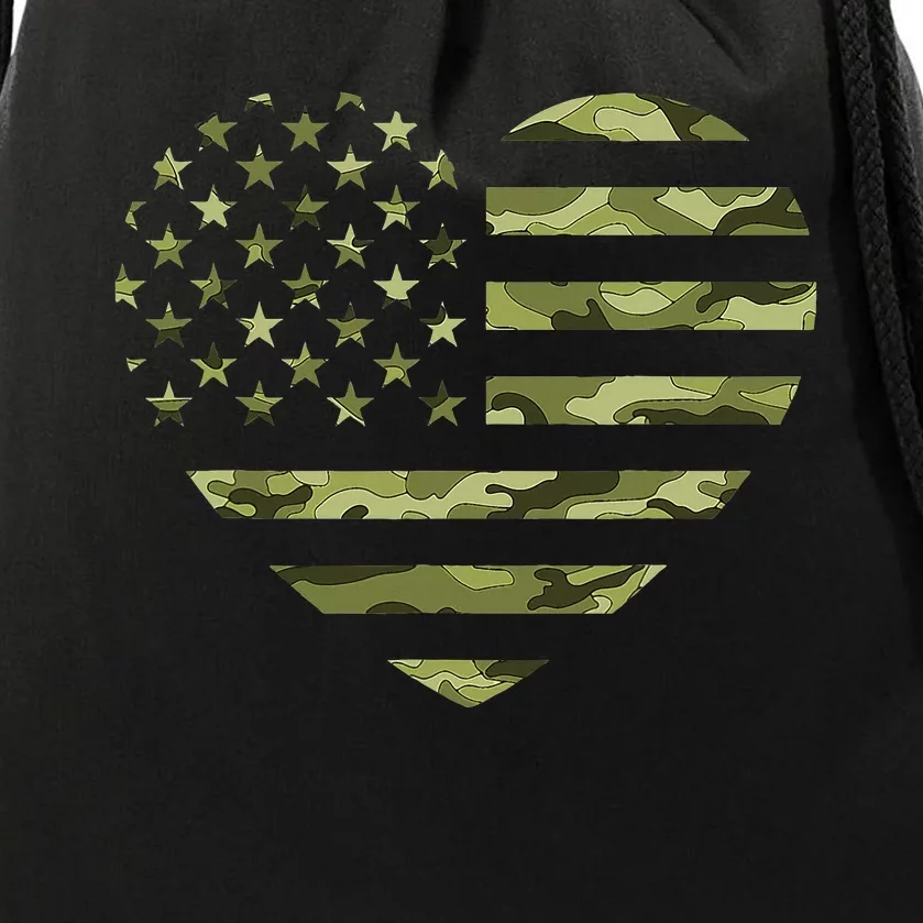 Camo American Flag Heart Camouflage Green Military Drawstring Bag