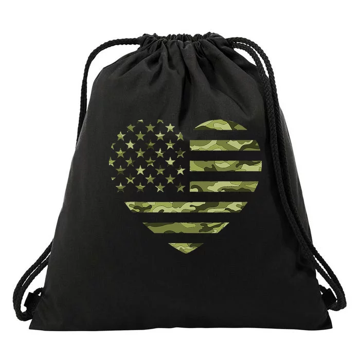 Camo American Flag Heart Camouflage Green Military Drawstring Bag