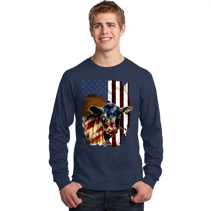 Cow American Flag Heifer Us 4th Of July Farm Cattle Usa Gift Tall Long Sleeve T-Shirt