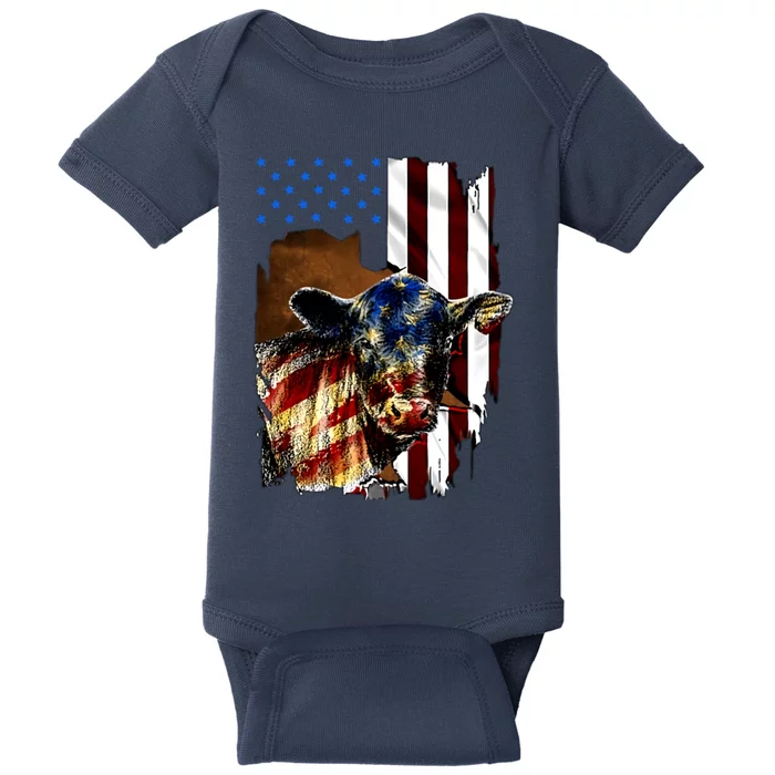 Cow American Flag Heifer Us 4th Of July Farm Cattle Usa Gift Baby Bodysuit