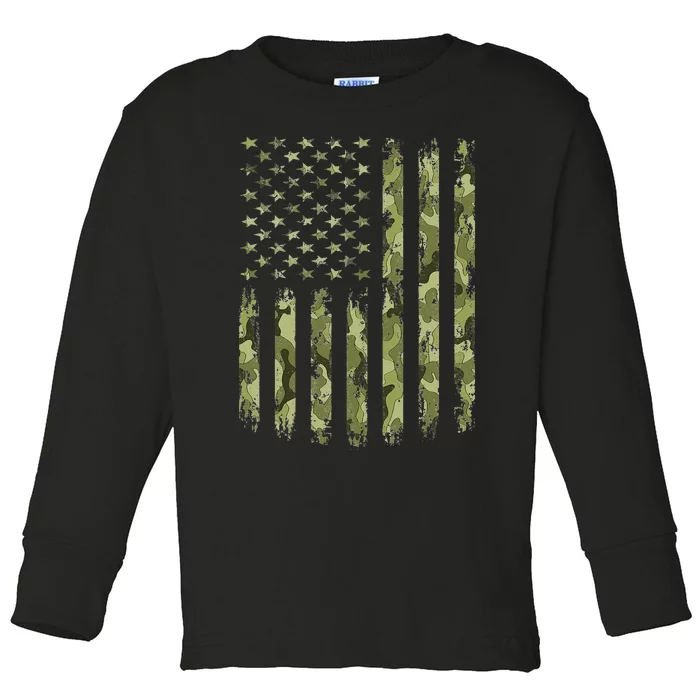 Camo American Flag Desert Green Camouflage Tactical Military Toddler Long Sleeve Shirt