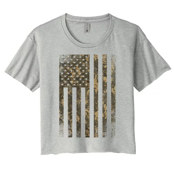 Camouflage American Flag Print Camo Military Tactical Funny Gift Women's Crop Top Tee