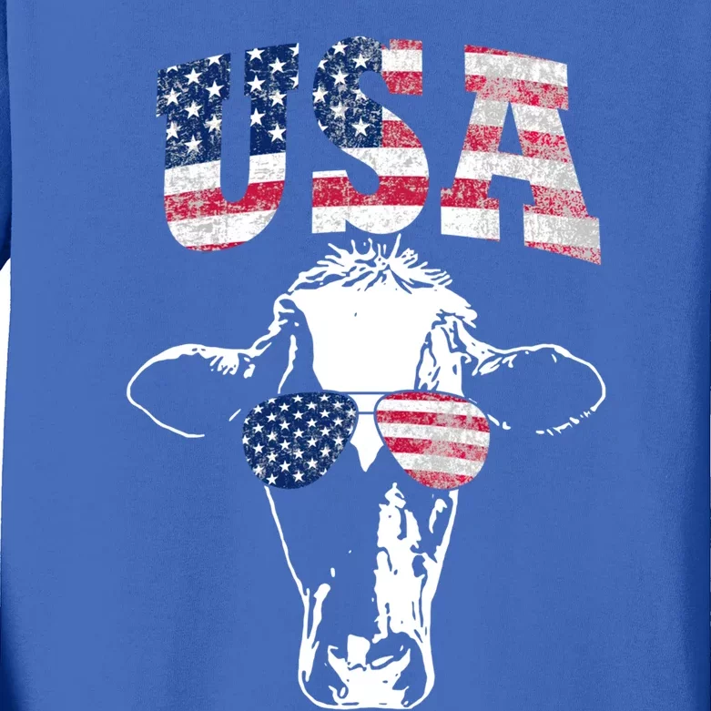 Cow American Flag Cool Funny 4th Of July Usa America Gift Kids Long Sleeve Shirt