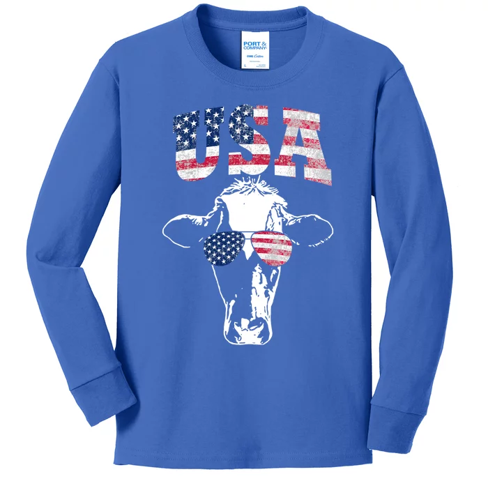 Cow American Flag Cool Funny 4th Of July Usa America Gift Kids Long Sleeve Shirt