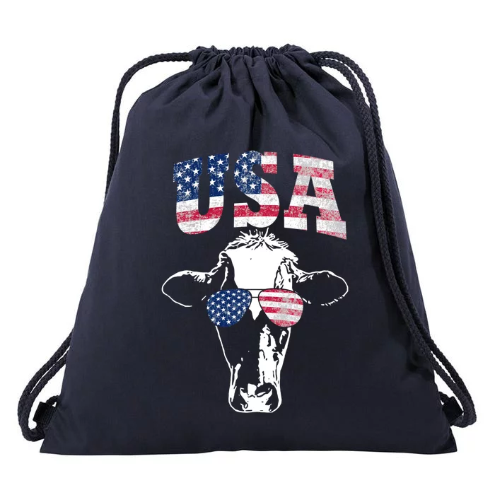 Cow American Flag Cool Funny 4th Of July Usa America Gift Drawstring Bag