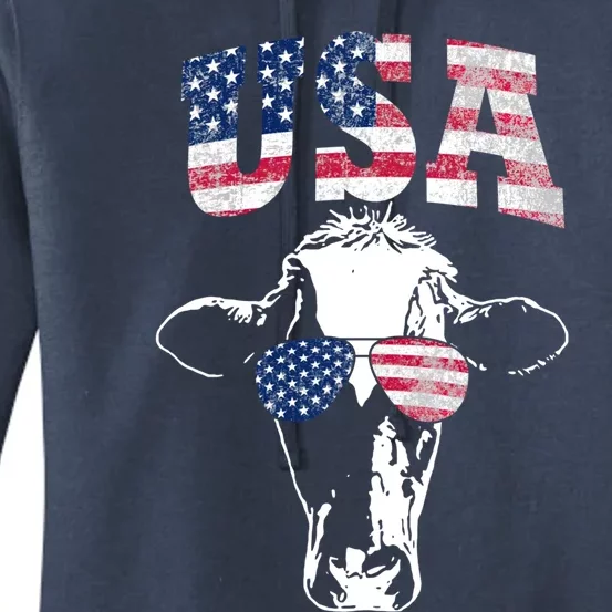 Cow American Flag Cool Funny 4th Of July Usa America Gift Women's Pullover Hoodie