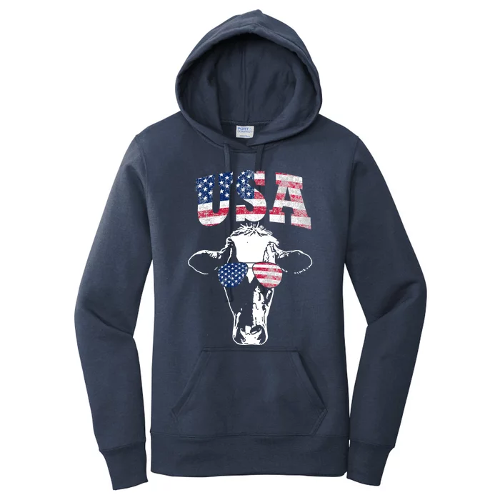 Cow American Flag Cool Funny 4th Of July Usa America Gift Women's Pullover Hoodie