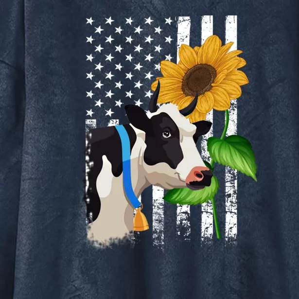 Cow American Flag Sunflower Heifer Lady Gift Hooded Wearable Blanket