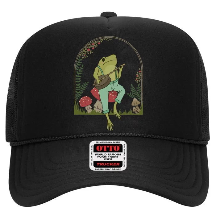 Cottagecore Aesthetic Frog Playing Banjo On Mushroom Cute High Crown Mesh Trucker Hat