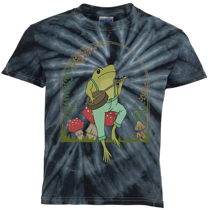 Cottagecore Aesthetic Frog Playing Banjo On Mushroom Cute Kids Tie-Dye T-Shirt