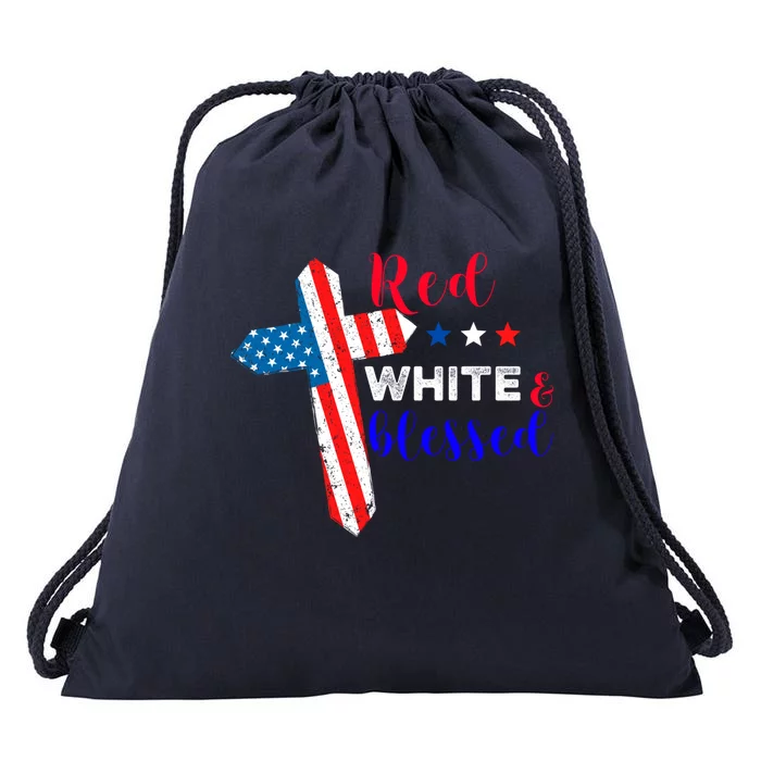 Cross American Flag Red White Blessed Believer God Usa Meaningful Gift Drawstring Bag