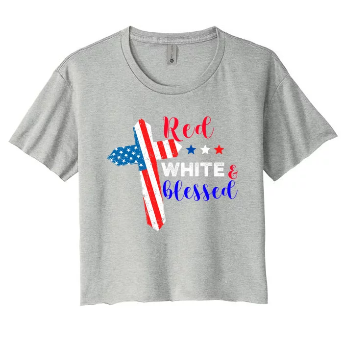 Cross American Flag Red White Blessed Believer God Usa Meaningful Gift Women's Crop Top Tee