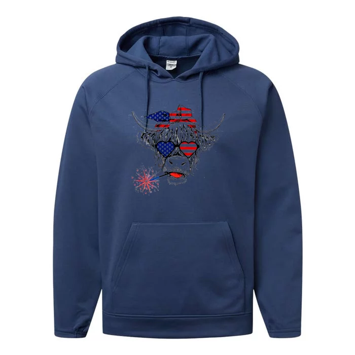 Cow American Flag 4th Of July Us 4th Of July Farm Cattle Usa Gift Performance Fleece Hoodie