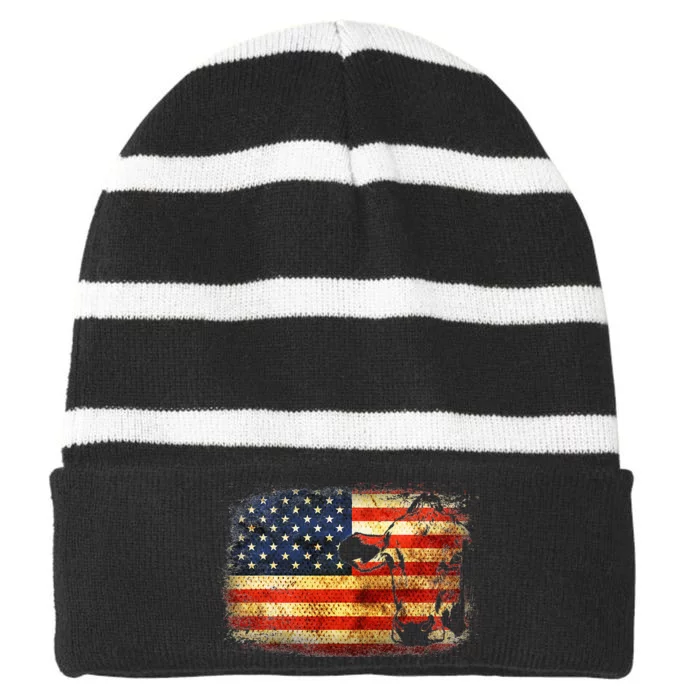 Cow American Flag Cattle Animal Lover Patriotic Striped Beanie with Solid Band