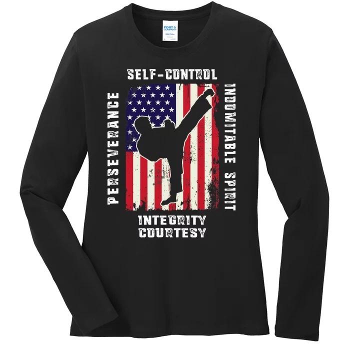 Cool American Flag Taekwondo Gift | Tae Kwon Do Martial Arts Ladies Long Sleeve Shirt