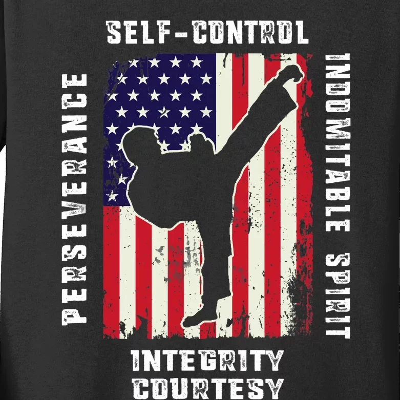 Cool American Flag Taekwondo Gift | Tae Kwon Do Martial Arts Kids Long Sleeve Shirt